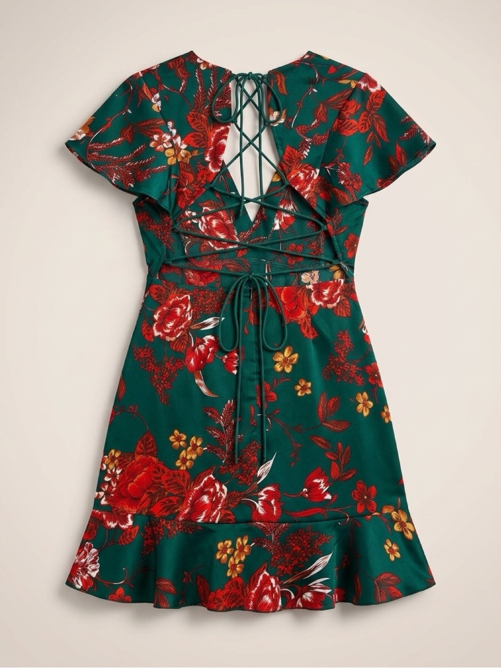PrettyLittleThing Green Floral Backless Lace-Up Dress